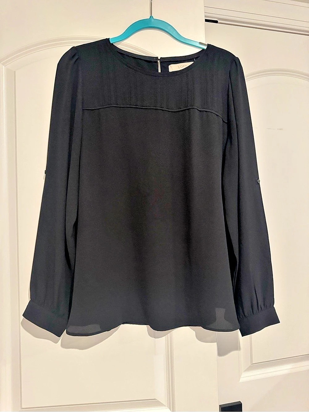 LOFT Pintuck Yoke Roll-Tab Sleeve Blouse Black Large